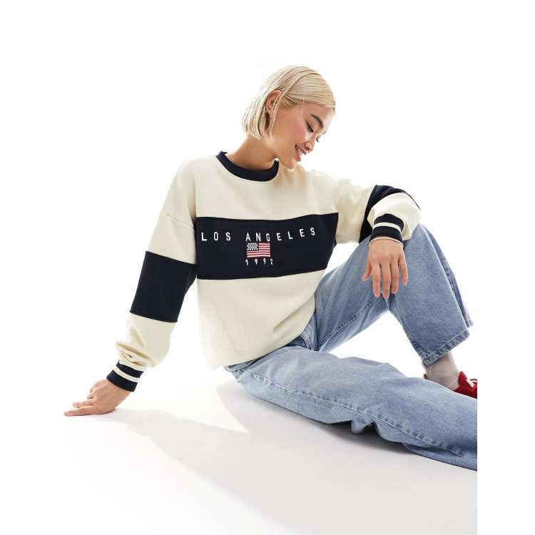 Daisy Street paneled stripe Los Angeles sweatshirt in stone and