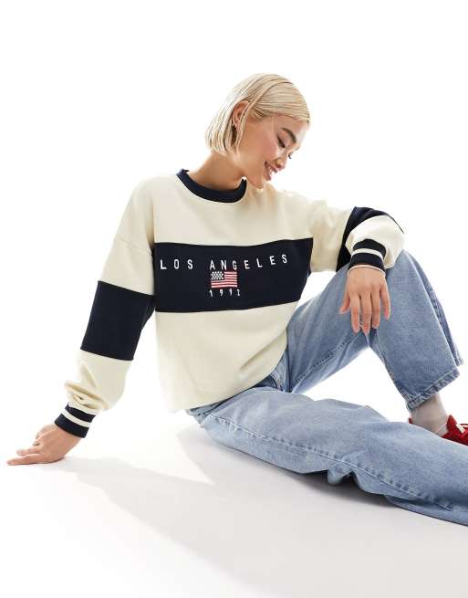 Daisy Street paneled stripe Los Angeles sweatshirt in stone and navy