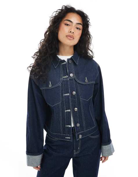 Daisy Street panelled fitted denim jacket in navy indigo co-ord - view 1