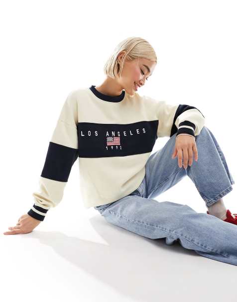Daisy Street panelled stripe LA sweatshirt in stone and navy - view 1