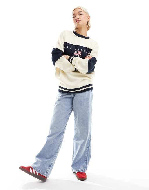 Daisy Street panelled stripe LA sweatshirt in stone and navy, 2 of 4
