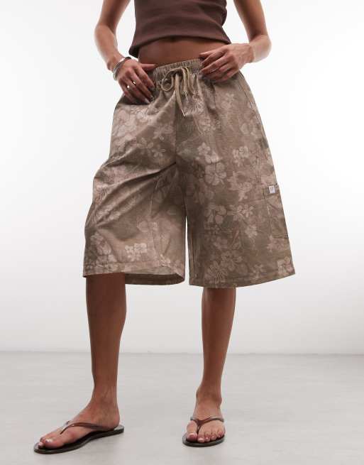 Daisy Street - Pantalon 2 en 1 taille basse à imprimé hibiscus avec fermeture éclair - Marron, 3 de 5
