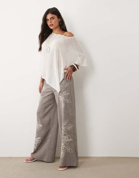 Daisy Street - Pantalon large à revers avec fleurs brodées - Marron - view 1
