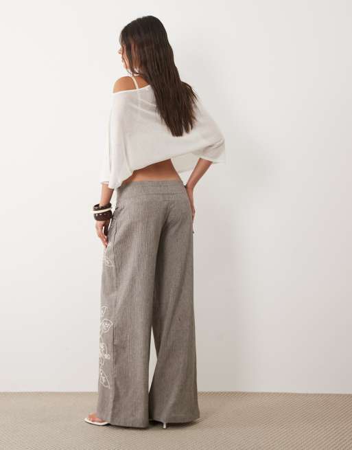 Daisy Street - Pantalon large à revers avec fleurs brodées - Marron, 3 de 5