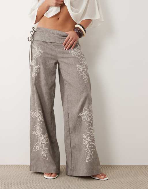 Daisy Street - Pantalon large à revers avec fleurs brodées - Marron, 4 de 5
