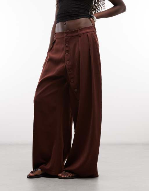 Daisy Street pantalon large taille mi-haute avec boutons asymétriques marron, 2 de 5