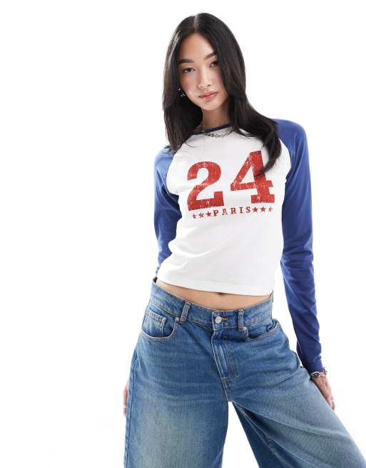Daisy Street - Paris 2024 - T-shirt bianca e blu con maniche lunghe raglan