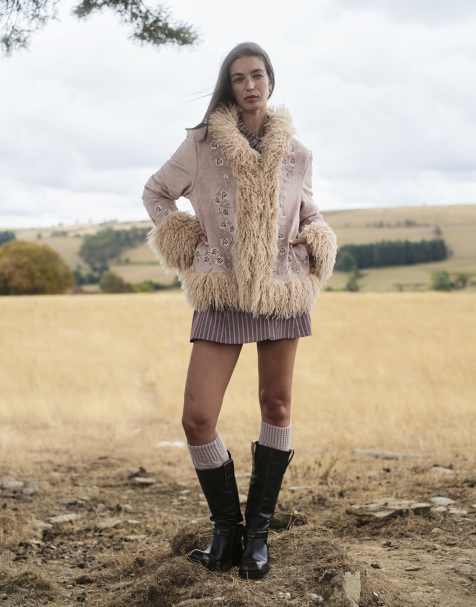 Daisy Street penny lane boho coat in pink floral embroidery - view 1