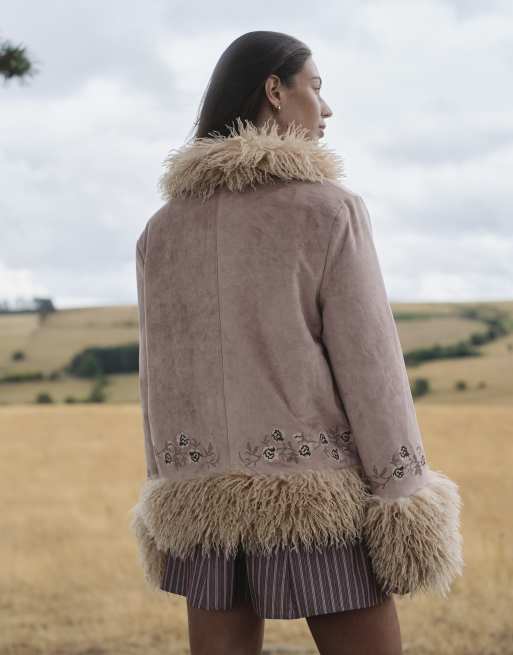 Daisy Street penny lane boho coat in pink floral embroidery, 4 of 4