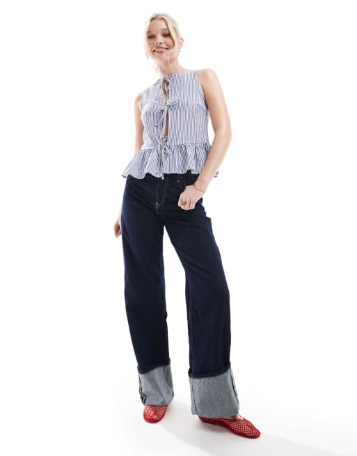 Daisy Street peplum front tie up top in navy stripe, 2 of 4