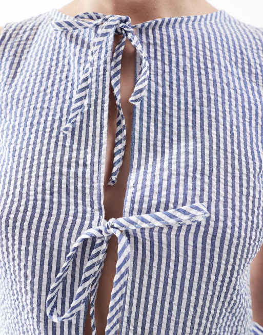 Daisy Street peplum front tie up top in navy stripe, 3 of 4