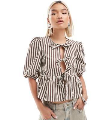 Daisy Street peplum hem tie front smock top in brown stripe