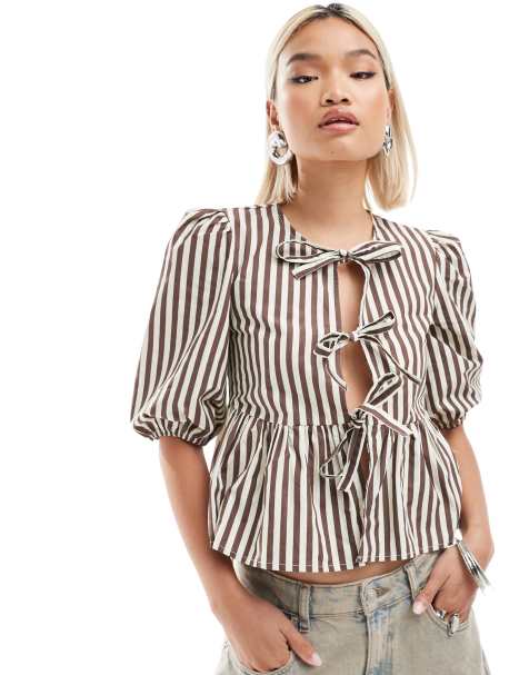 Daisy Street peplum hem tie front smock top in brown stripe - view 1