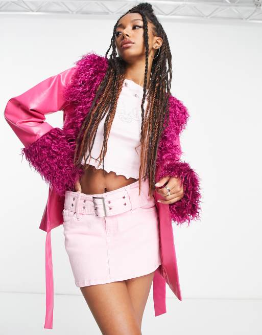 Daisy Street pink Y2K PU jacket with faux fur cuffs and collar