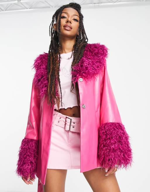 Daisy Street pink Y2K PU jacket with faux fur cuffs and collar