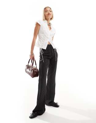 Daisy Street Daisy Street pinstripe wide leg split front trousers in black