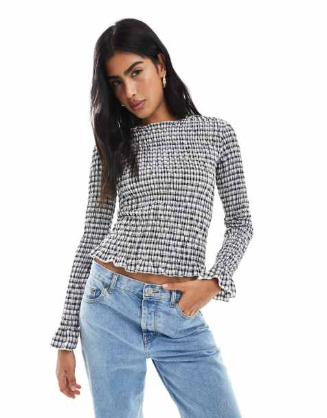 Daisy Street plaid long sleeve shirred top in black and cream - view 1