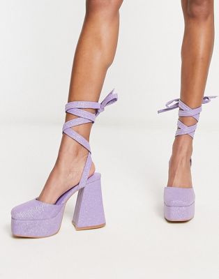  platform flared heeled shoes in lilac glitter