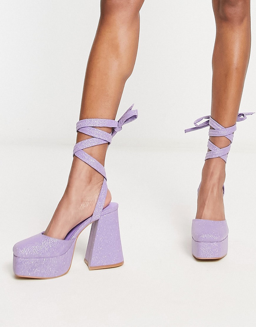 platform flared heeled shoes in lilac glitter-Purple