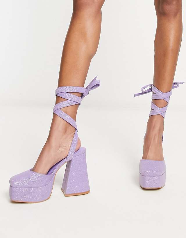 Daisy Street platform flared heeled shoes in lilac glitter