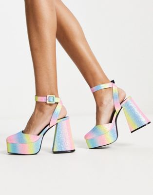  platform flared heeled shoes in rainbow glitter