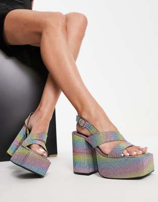 Daisy Street Platform Heel Sandals In Rainbow Sparkle-multi