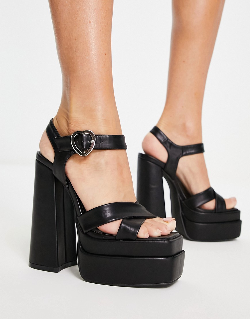 Daisy Street platform heel sandals with heart shaped buckle in black