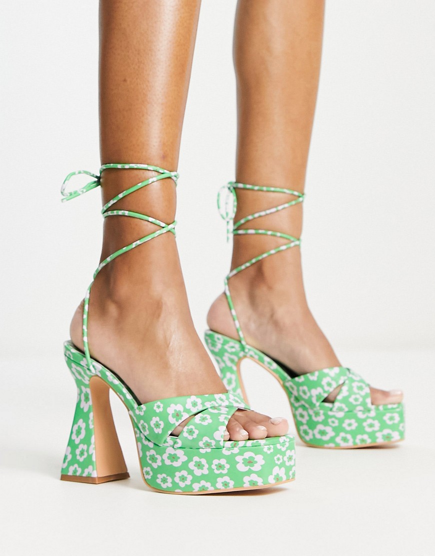 Daisy Street platform heeled sandals in green floral print