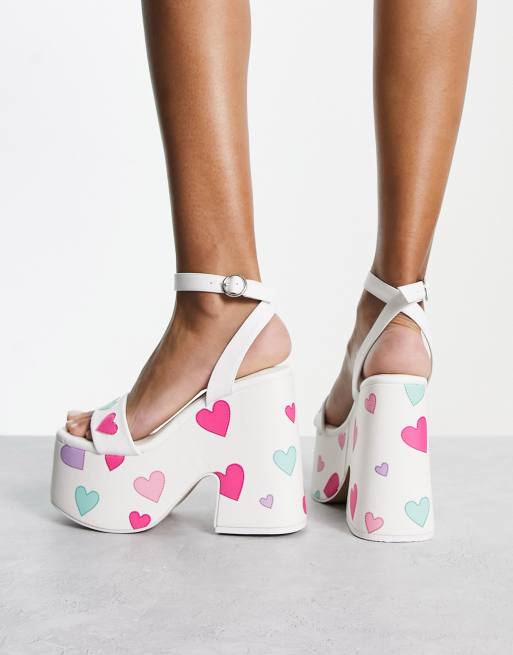 Daisy Street platform heeled sandals in white with heart print
