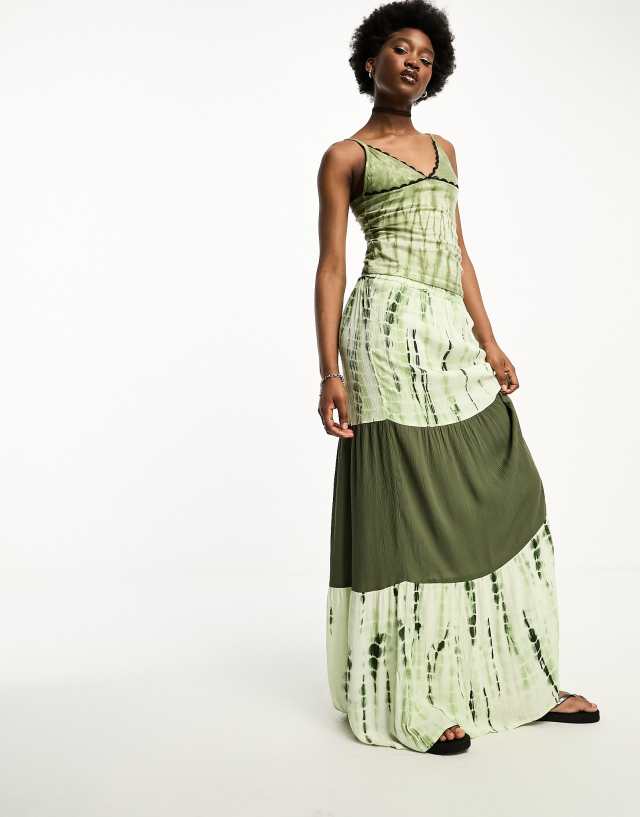 Daisy Street - pleated maxi skirt in khaki tie dye co-ord