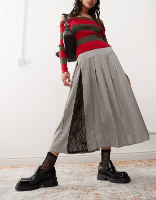 Daisy Street Pleated Midaxi Skirt Lace Insert Skirt-gray In Gray