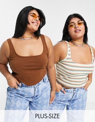 Daisy Street Plus 2 pack 90s cropped vest in brown and stripe