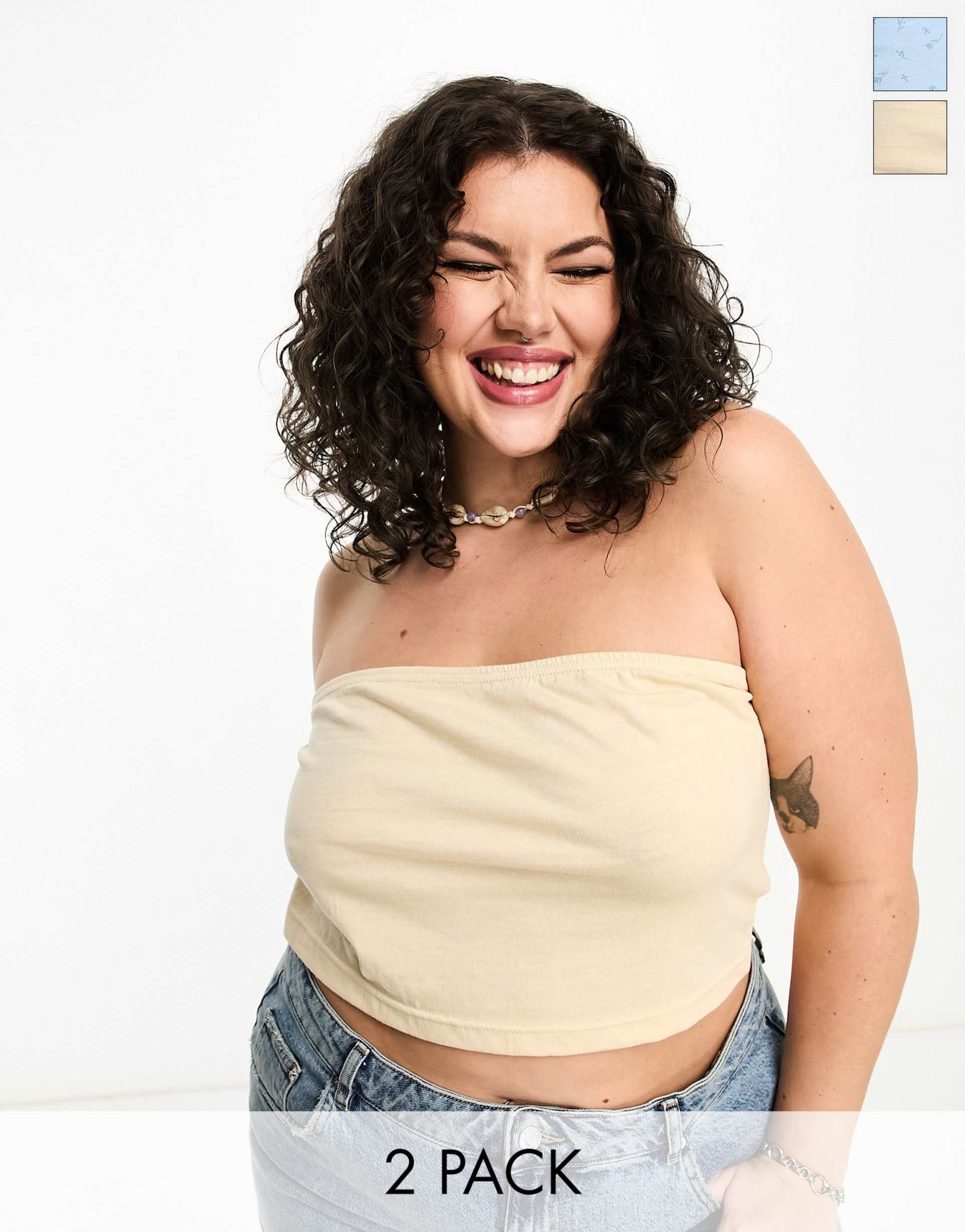 daisy street plus 2 pack bandeau crop top in blue ditsy and stone