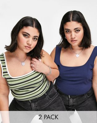 Daisy Street Plus 2 pack crop top in khaki stripe and navy - ASOS Price Checker