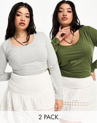 Daisy Street Plus 2 pack long sleeve scoop neck crop tops in grey and khaki - ASOS Price Checker