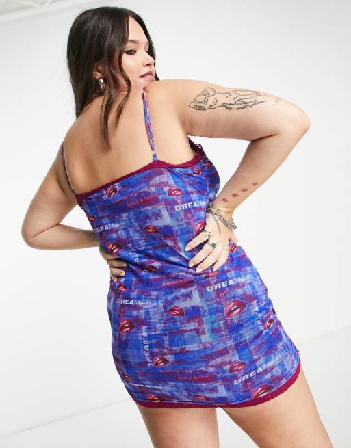 Daisy Street Plus 90s cami mini dress in retro print with lace trim, 4 of 4