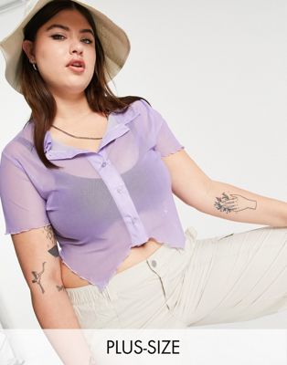 Daisy Street Plus 90s style button front fitted crop top in lilac mesh