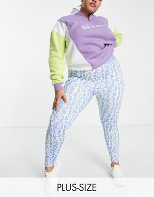 Daisy Street Plus Active All Over Logo Leggings In Blue And Yellow