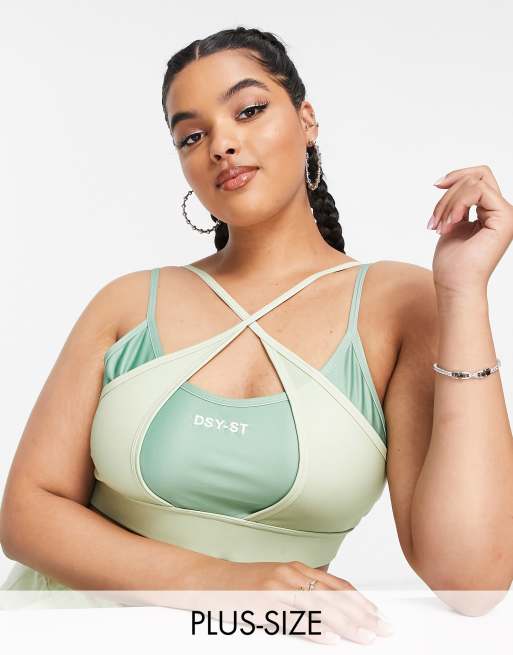 Daisy Street Active double layer halterneck light support sports bra in  sage green