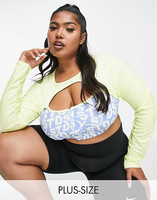 Daisy Street Plus Active keyhole long sleeve crop top in blue and yellow 