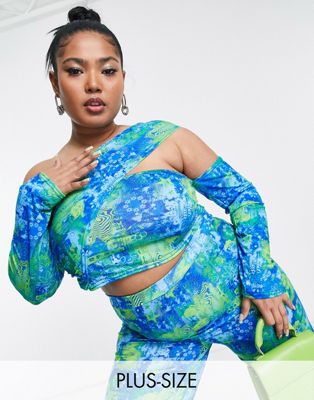 Daisy Street Plus asymmetric long sleeve off shoulder crop top in mix blue print co-ord