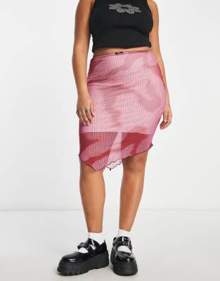 Daisy Street Plus asymmetric midi skirt in pink print-Multi