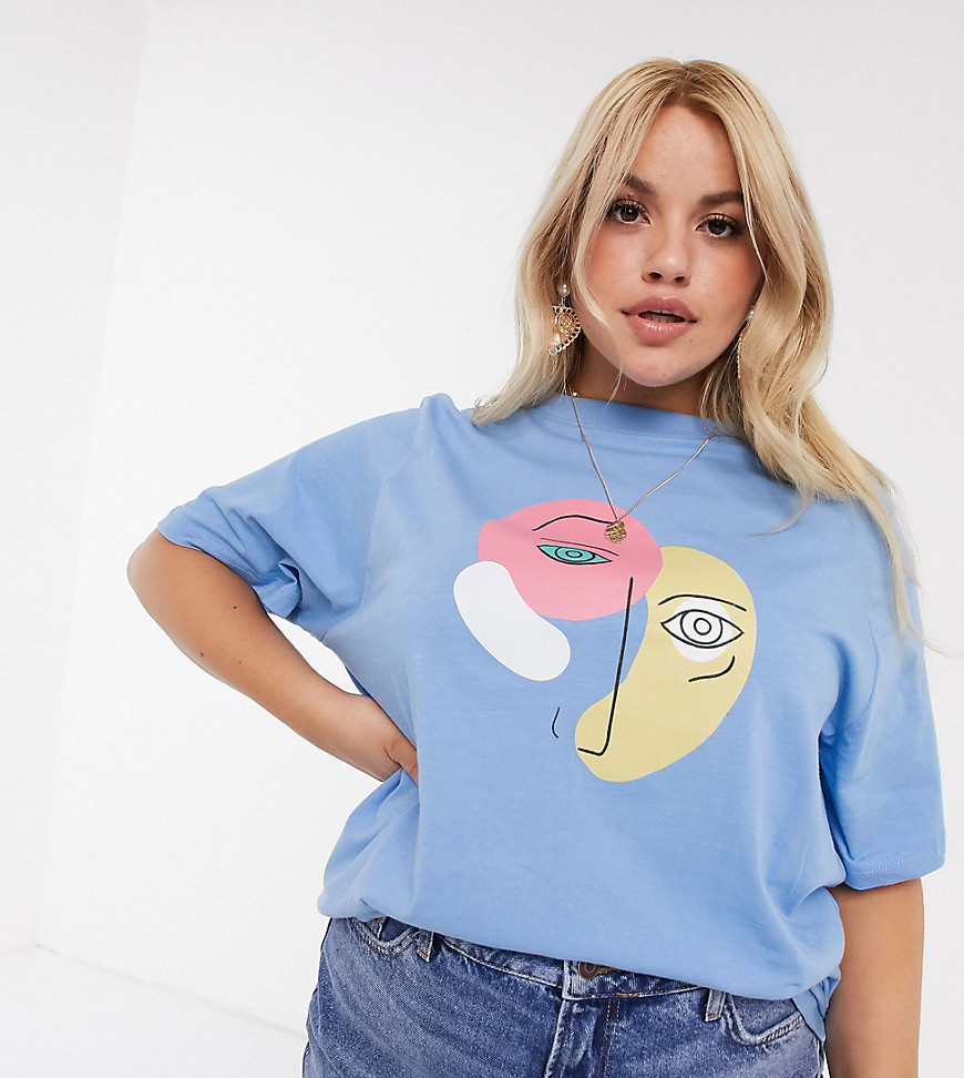 Daisy Street Plus – Avslappnad t-shirt med abstrakt tryck-Blå