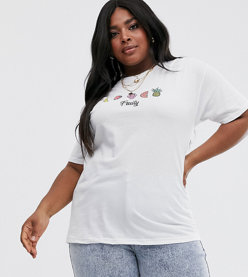 Daisy Street Plus – Avslappnad t-shirt med frukttryck-Vit