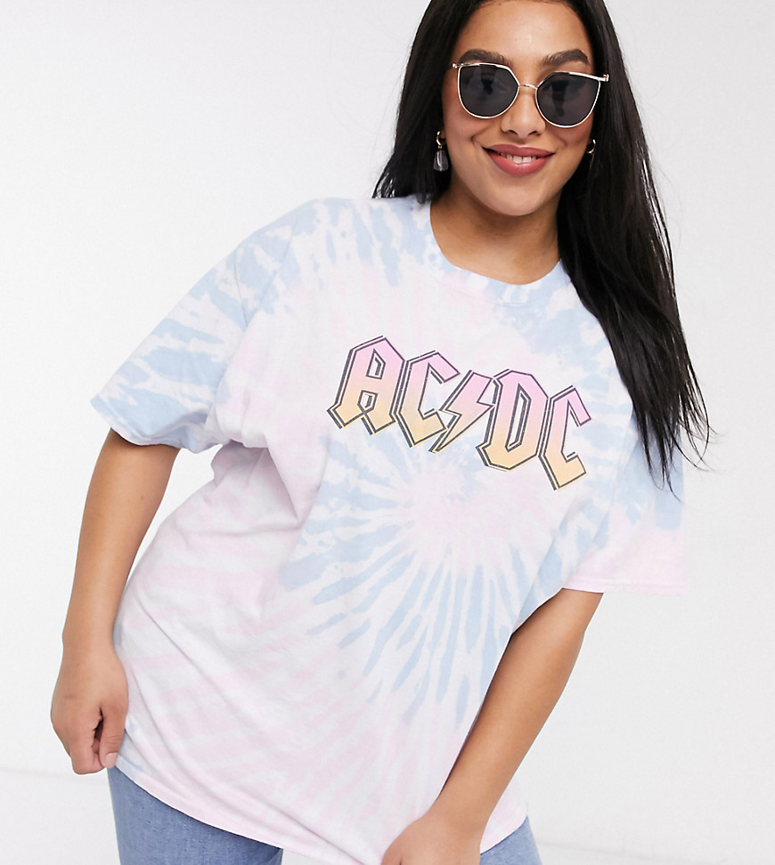 Daisy Street Plus - Batikfärgad t-shirt i avslappnad passform med ACDC-motiv-Blå