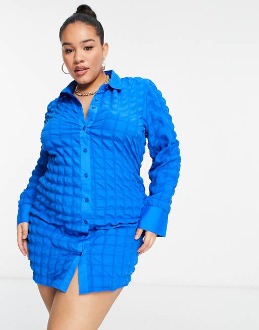 Daisy Street Plus bubble fitted shirt dress in cobalt
