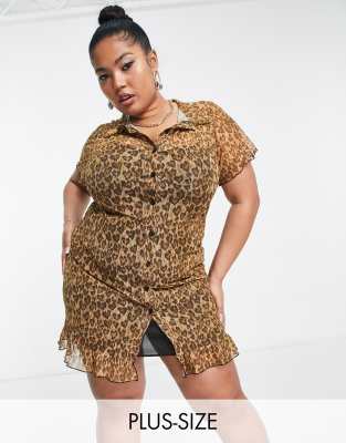 Daisy Street Plus button front frill hem mini dress in leopard heart mesh