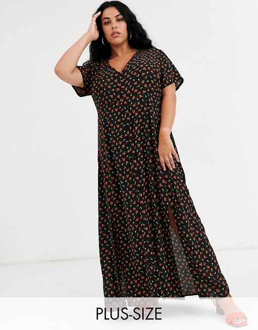 Daisy Street Plus button through maxi dress with splits in ditsy floral