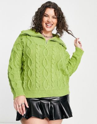 Daisy Street Plus cable knitted jumper with collar in green - ASOS Price Checker