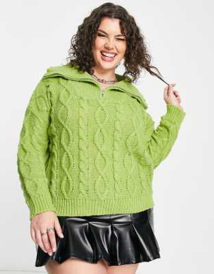 Daisy Street Plus cable knitted sweater with collar in Green